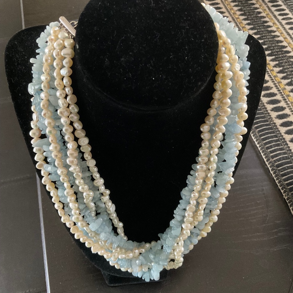 Ross & Simons Twisted Fresh Water Pearls and Aquamarine Multi Strand Necklace